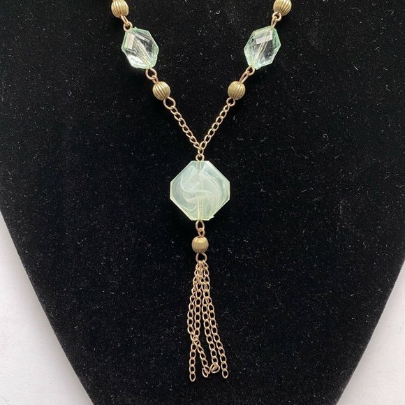 Mint Green & Clear Faceted Lucite Brass Tone Chain Tassel Pendant Necklace 21” - Picture 2 of 4